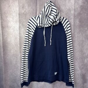 ORVIS  Women's Medium Navy Blue White Stripe Raglan Sleeve Hoodie Pockets